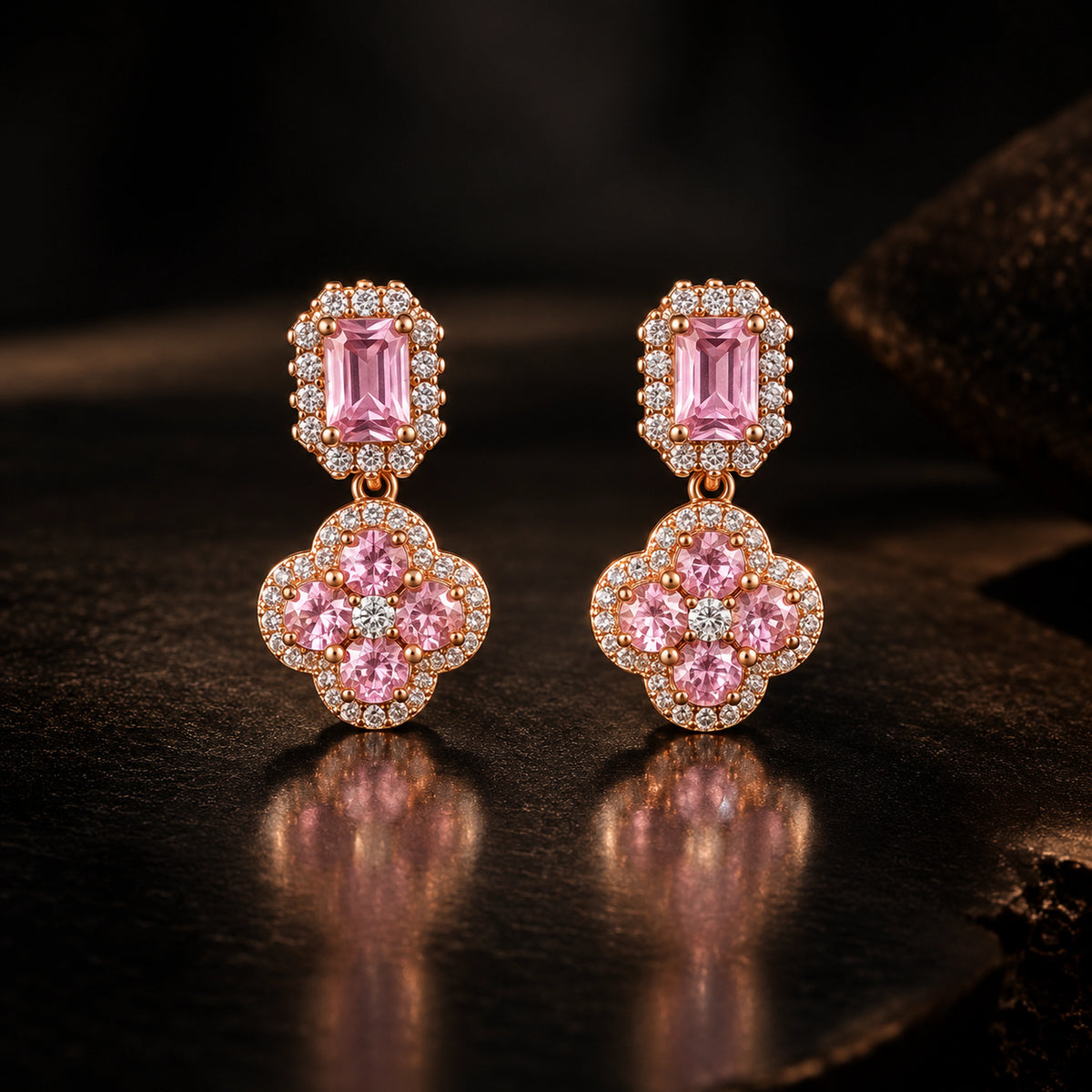Rose Gold Pink Floral Drop Earrings 925 Sterling Silver