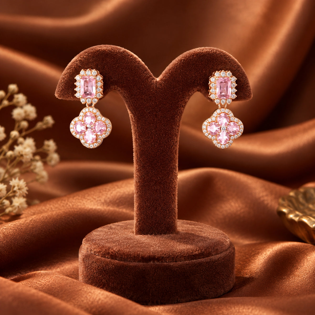 Rose Gold Pink Floral Drop Earrings 925 Sterling Silver