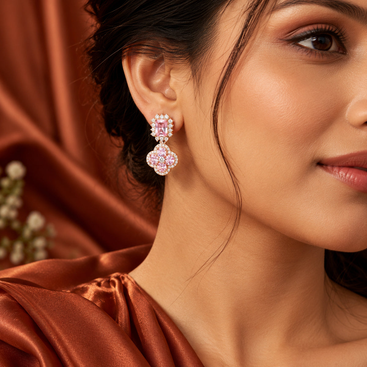 Rose Gold Pink Floral Drop Earrings 925 Sterling Silver