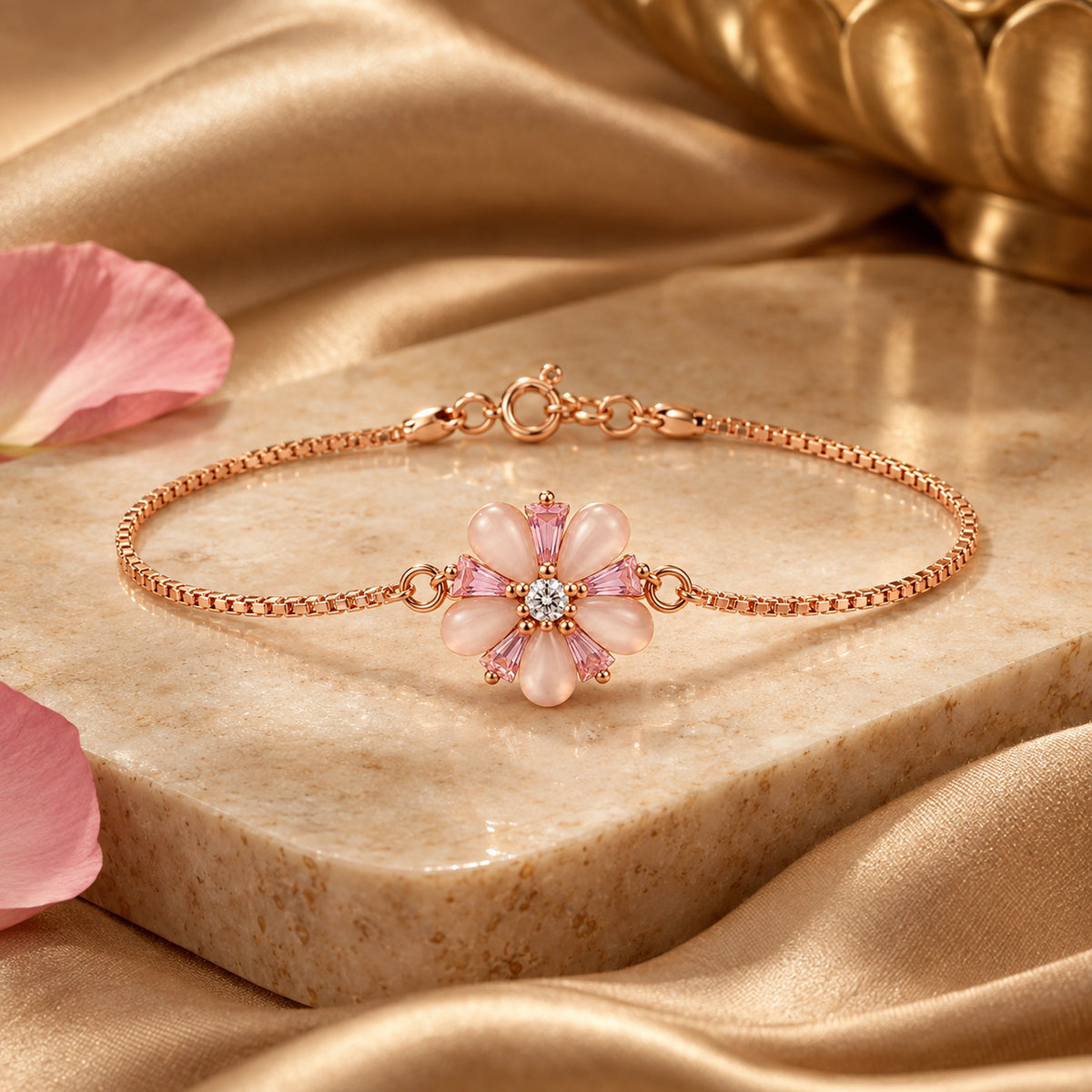 Rose Gold Pink Floral Pearl Bracelet 925 Sterling Silver