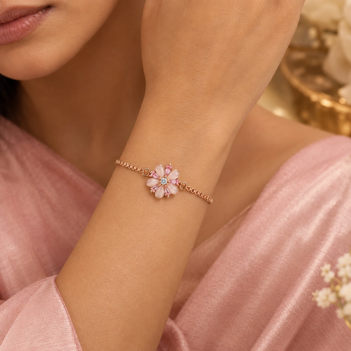 Rose Gold Pink Floral Pearl Bracelet 925 Sterling Silver