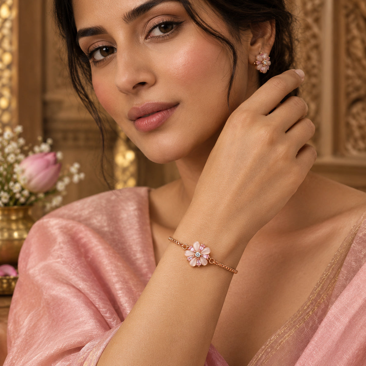 Rose Gold Pink Floral Pearl Bracelet 925 Sterling Silver
