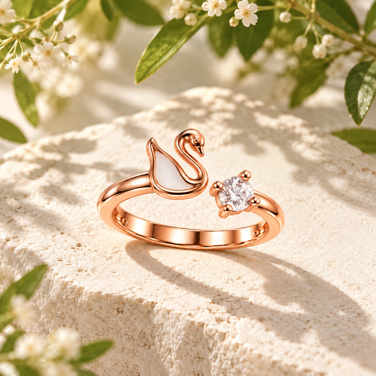 Rose Gold Swan Solitaire Ring 925 Sterling Silver