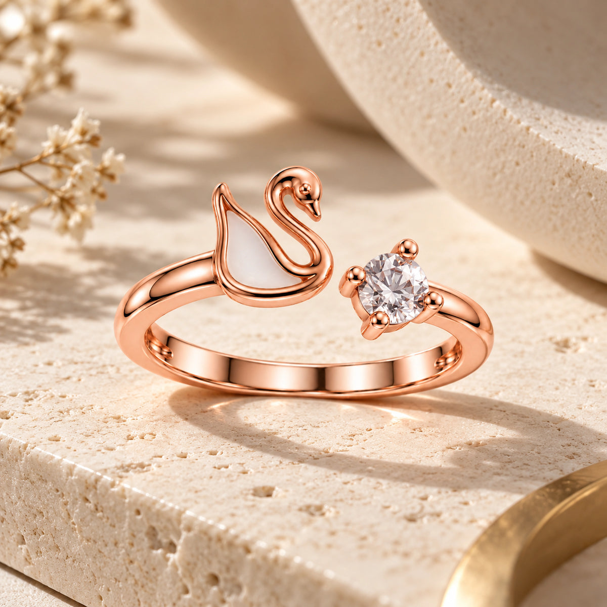 Rose Gold Swan Solitaire Ring 925 Sterling Silver