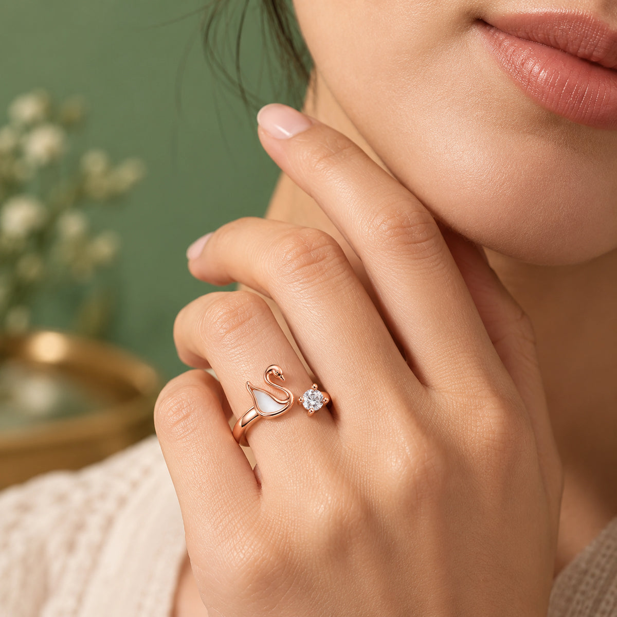 Rose Gold Swan Solitaire Ring 925 Sterling Silver