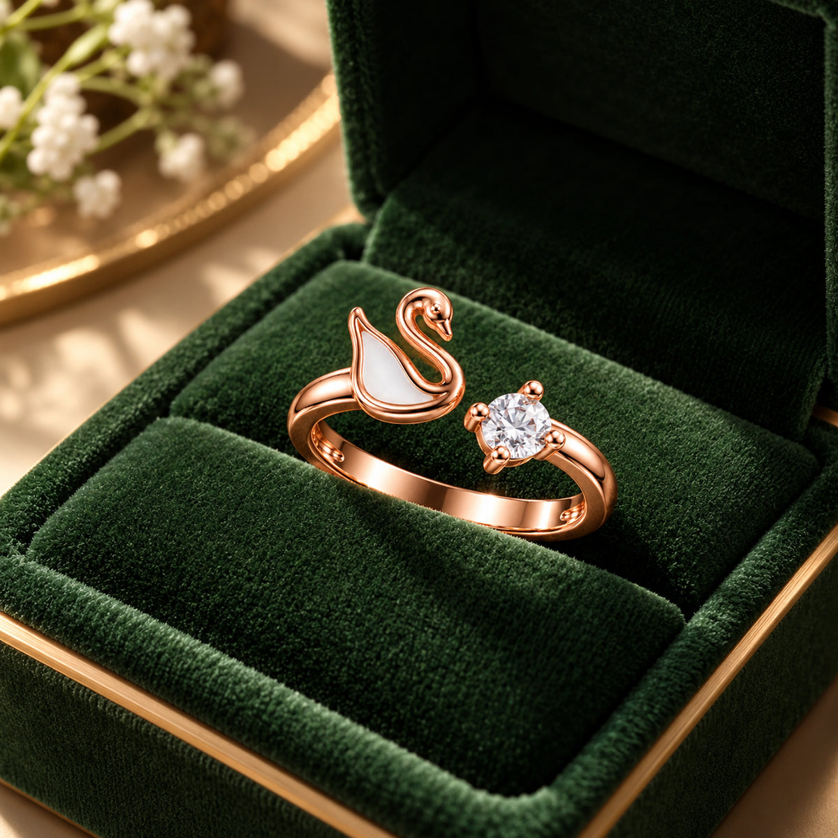 Rose Gold Swan Solitaire Ring 925 Sterling Silver