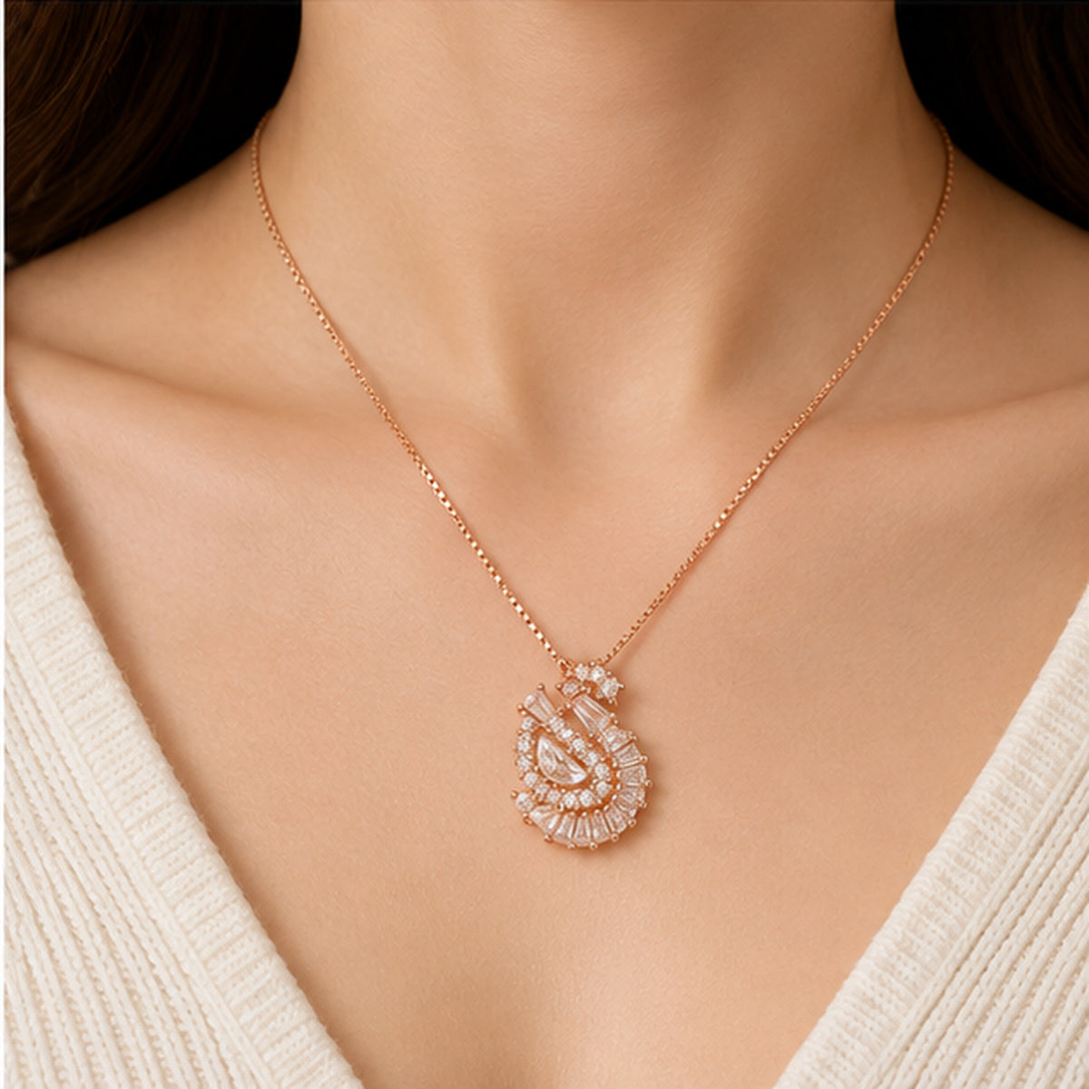 Rose Gold Swirl Marquise Pendant Necklace 925 Sterling Silver