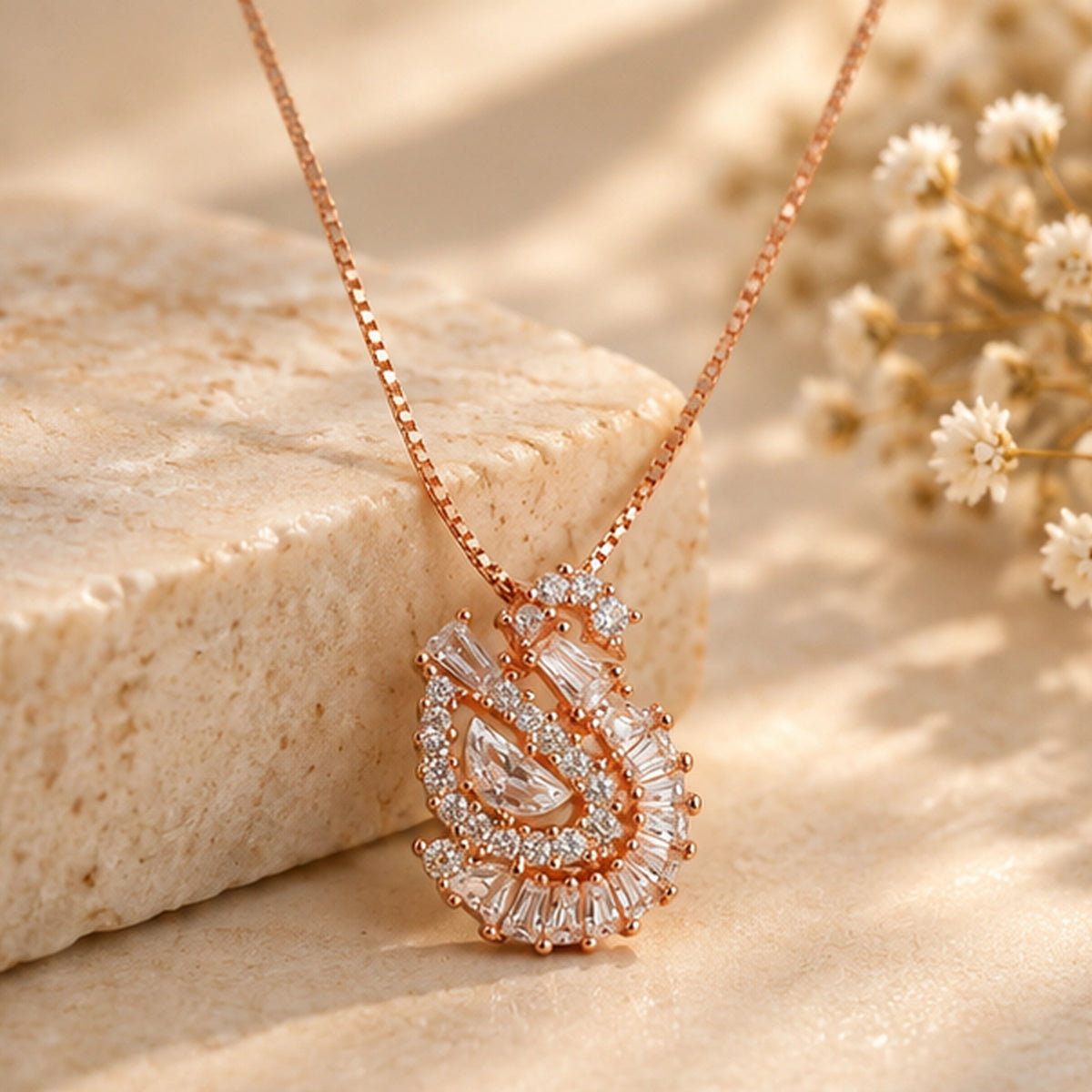 Rose Gold Swirl Marquise Pendant Necklace 925 Sterling Silver