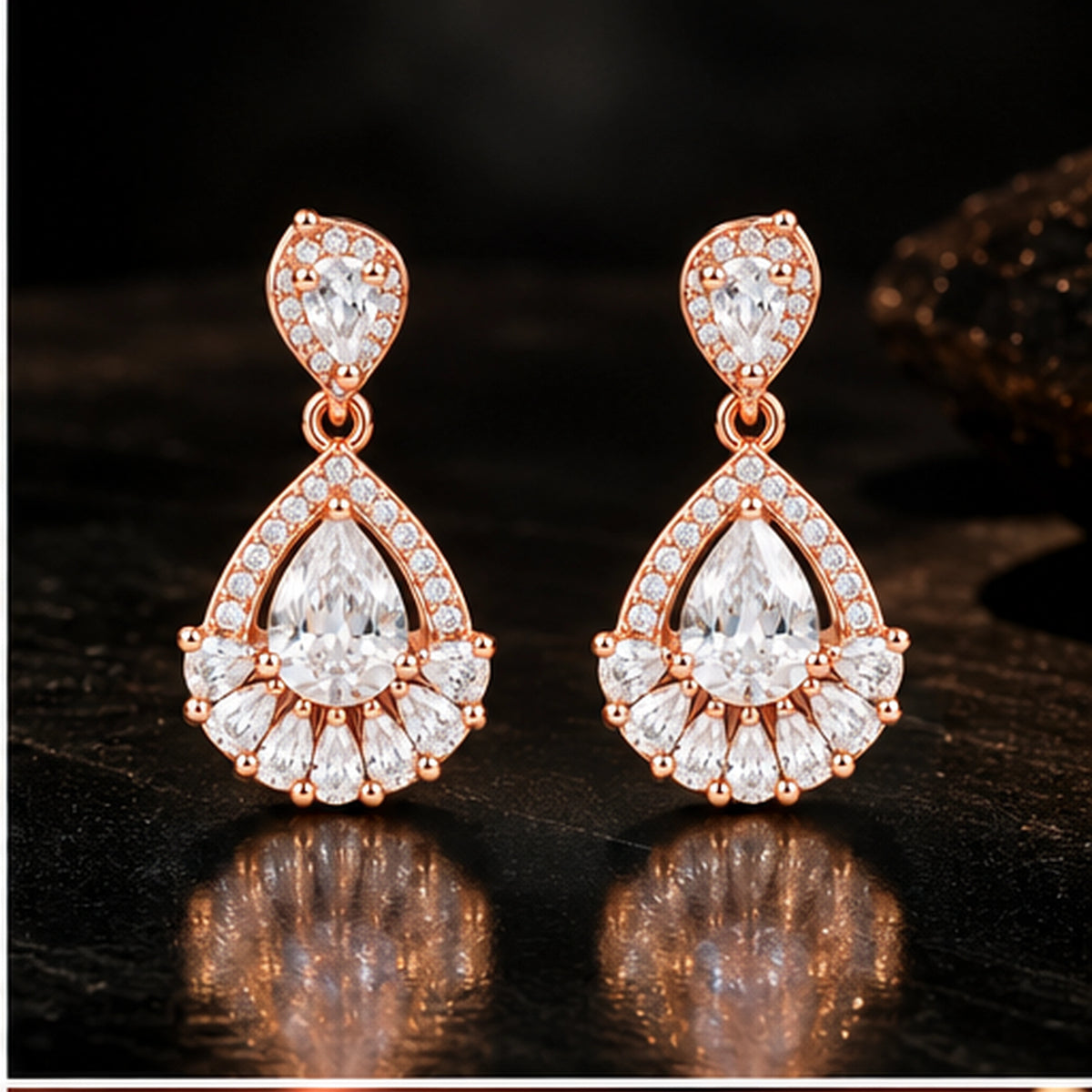 Rose Gold Teardrop Crystal Earrings 925 Sterling Silver