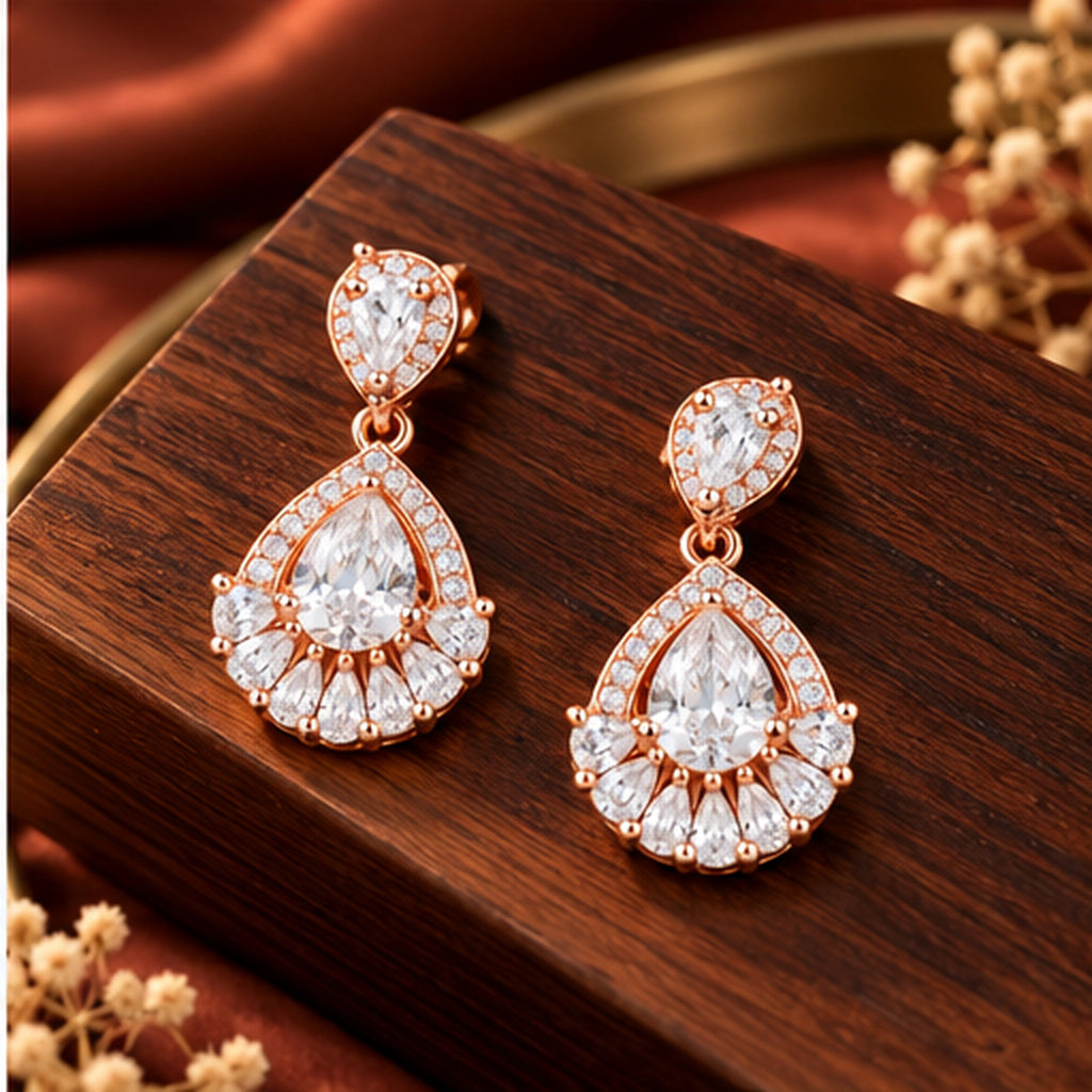 Rose Gold Teardrop Crystal Earrings 925 Sterling Silver