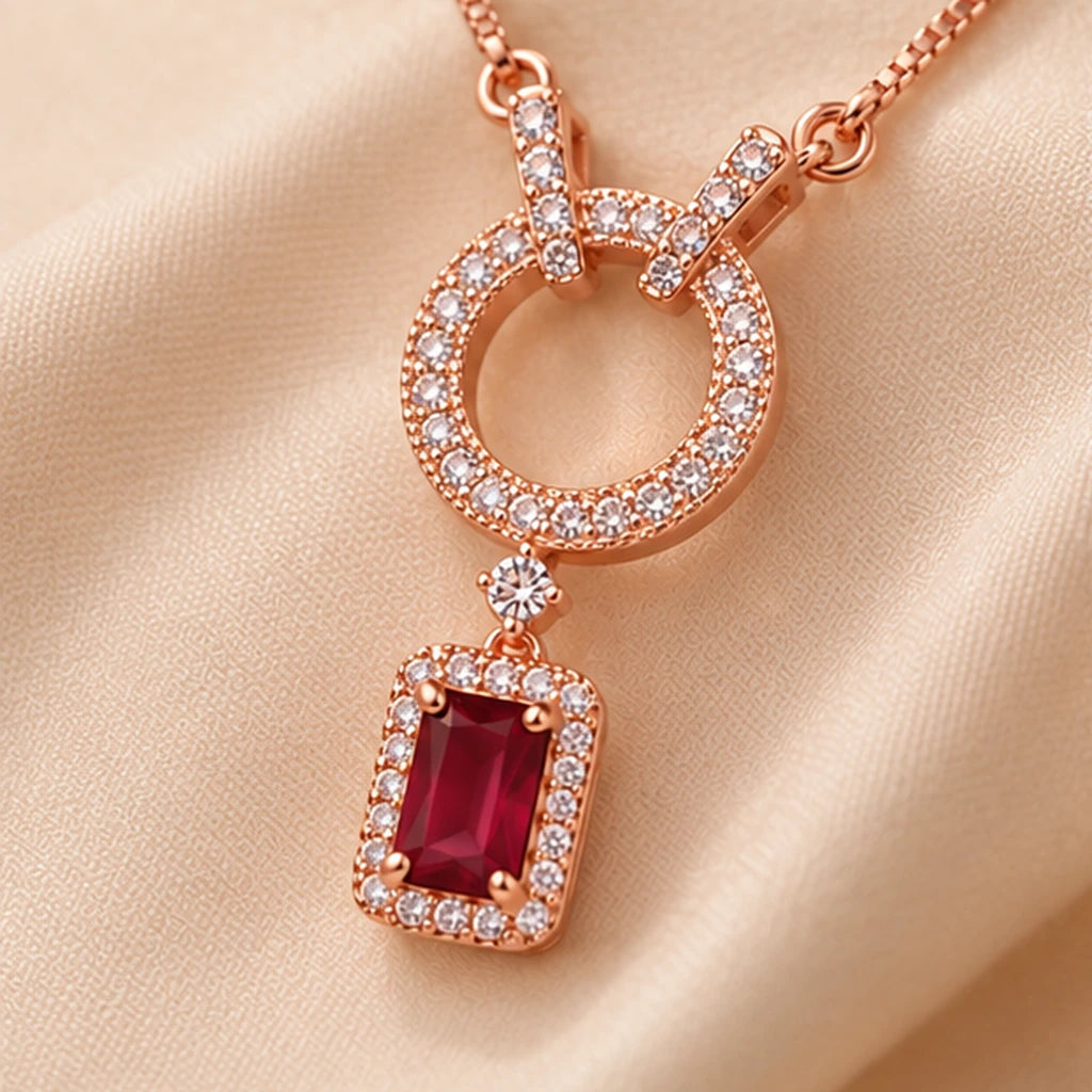 Rose Gold Ruby Halo Drop Pendant Necklace 925 Sterling Silver