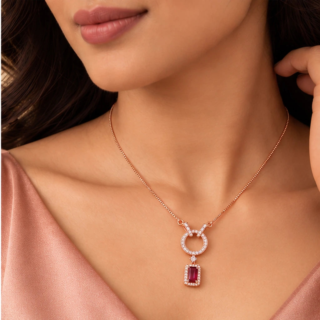 Rose Gold Ruby Halo Drop Pendant Necklace 925 Sterling Silver