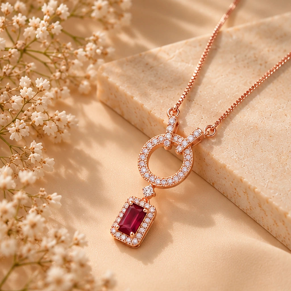 Rose Gold Ruby Halo Drop Pendant Necklace 925 Sterling Silver