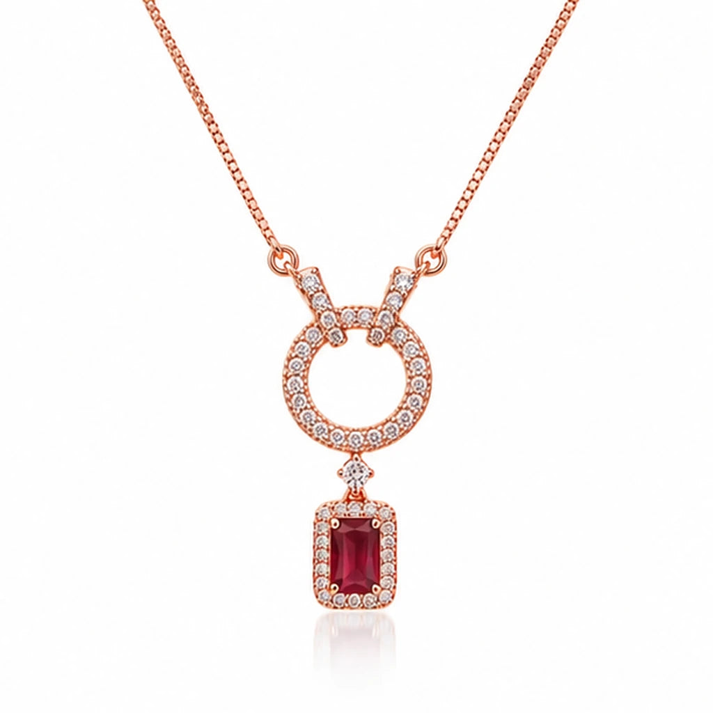 Rose Gold Ruby Halo Drop Pendant Necklace 925 Sterling Silver