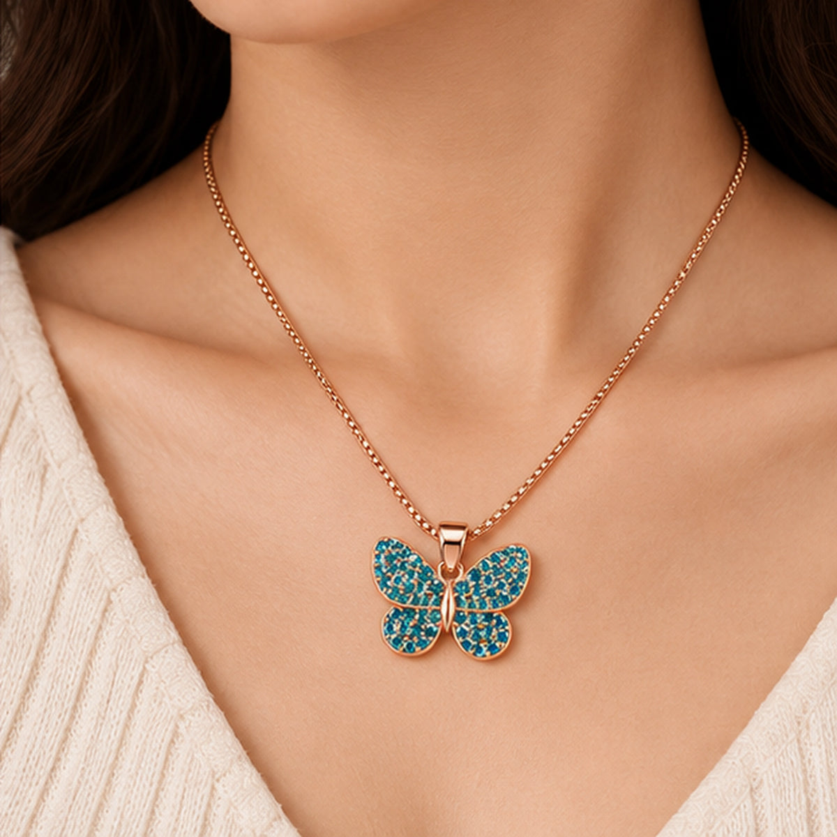 Turquoise Butterfly Rose GoldPendant Necklace