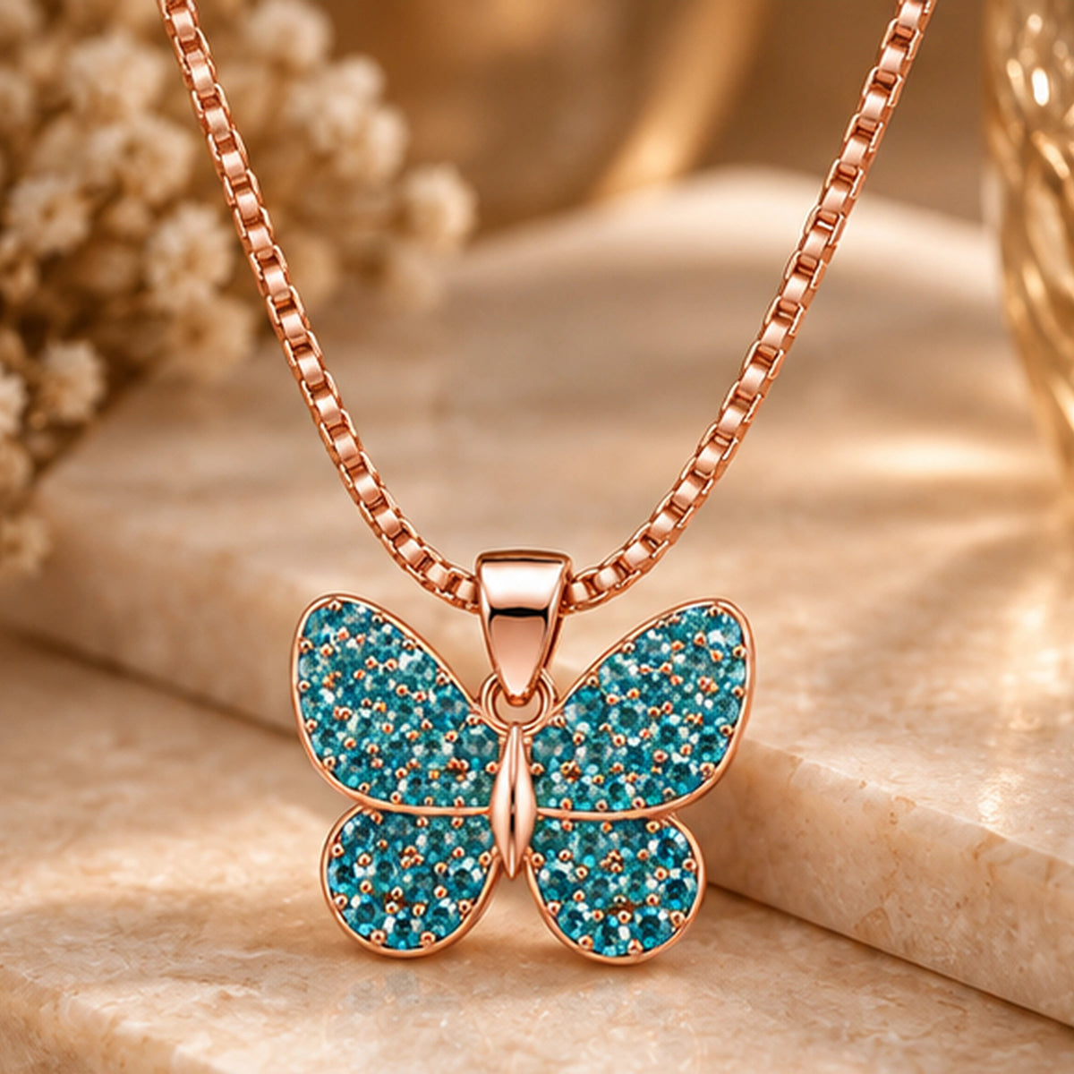 Turquoise Butterfly Rose GoldPendant Necklace