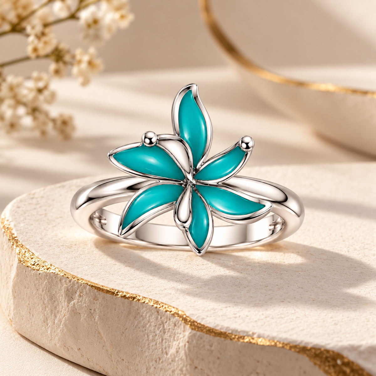 Turquoise Flower Ring 925 Sterling Silver