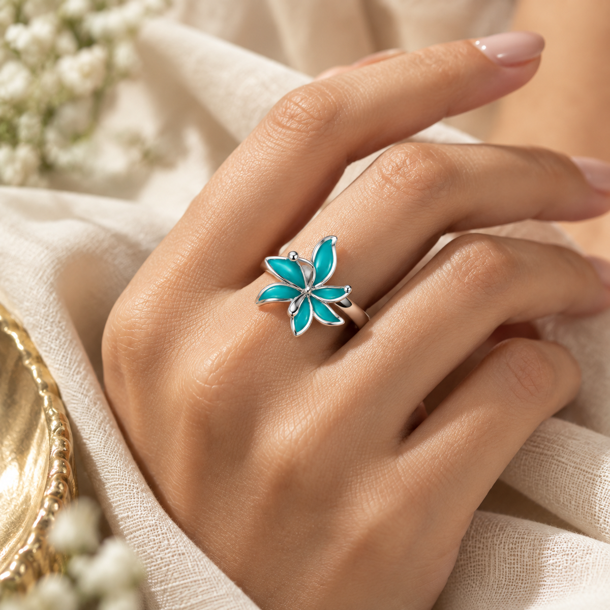 Turquoise Flower Ring 925 Sterling Silver