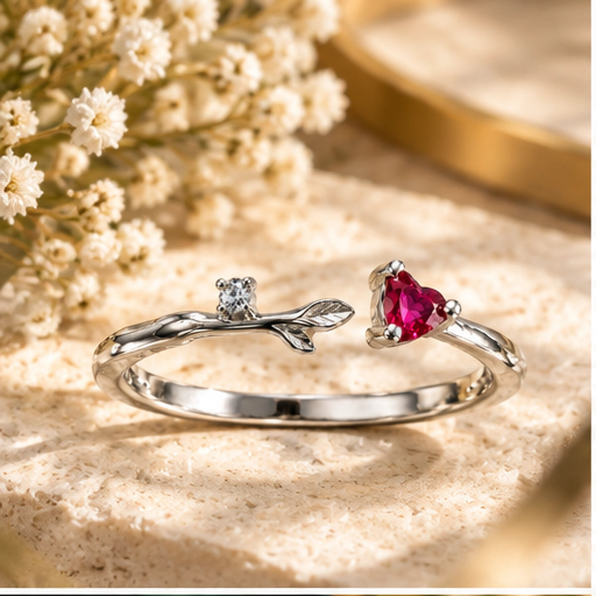925 Sterling Silver Red Heart & Crystal Branch Ring