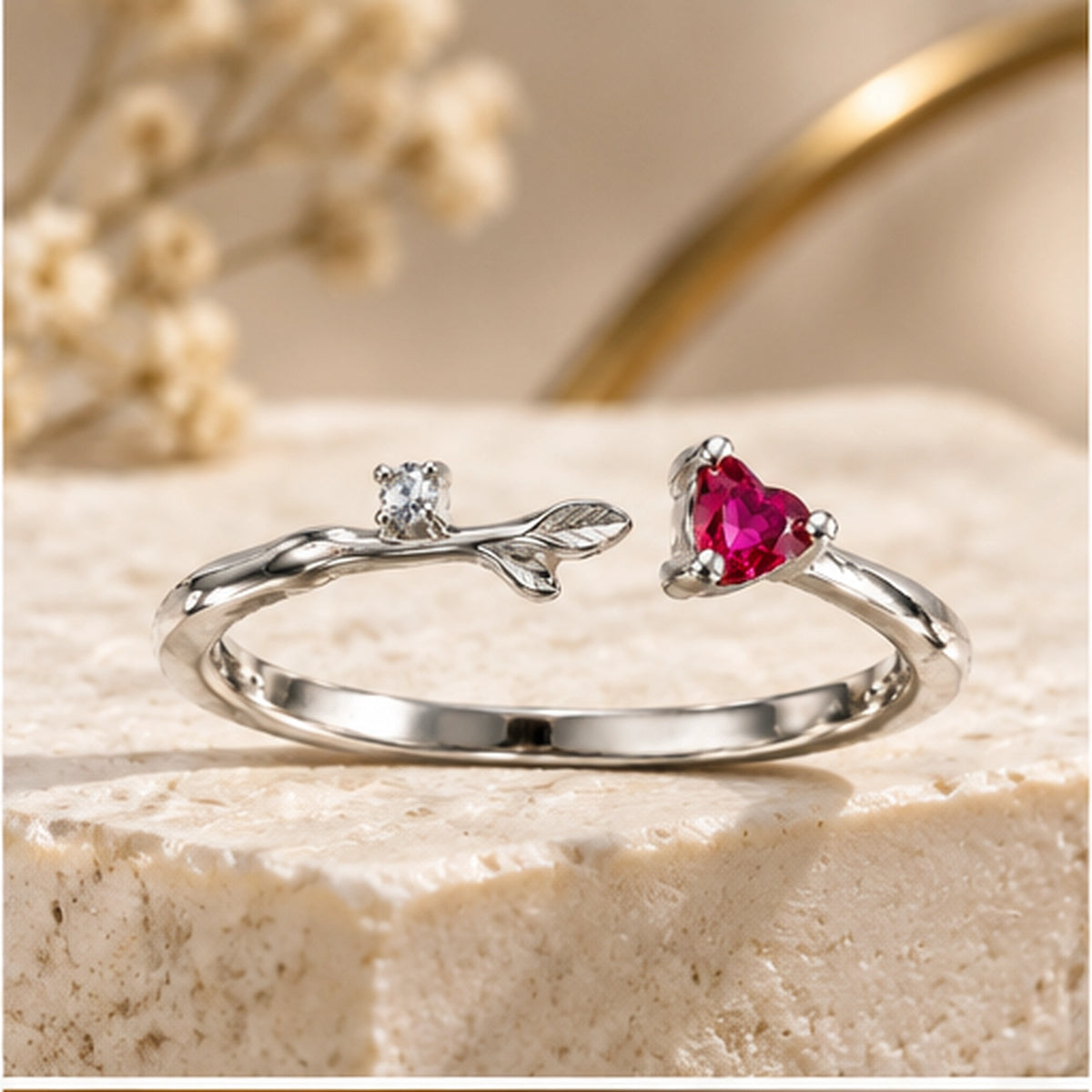 925 Sterling Silver Red Heart & Crystal Branch Ring