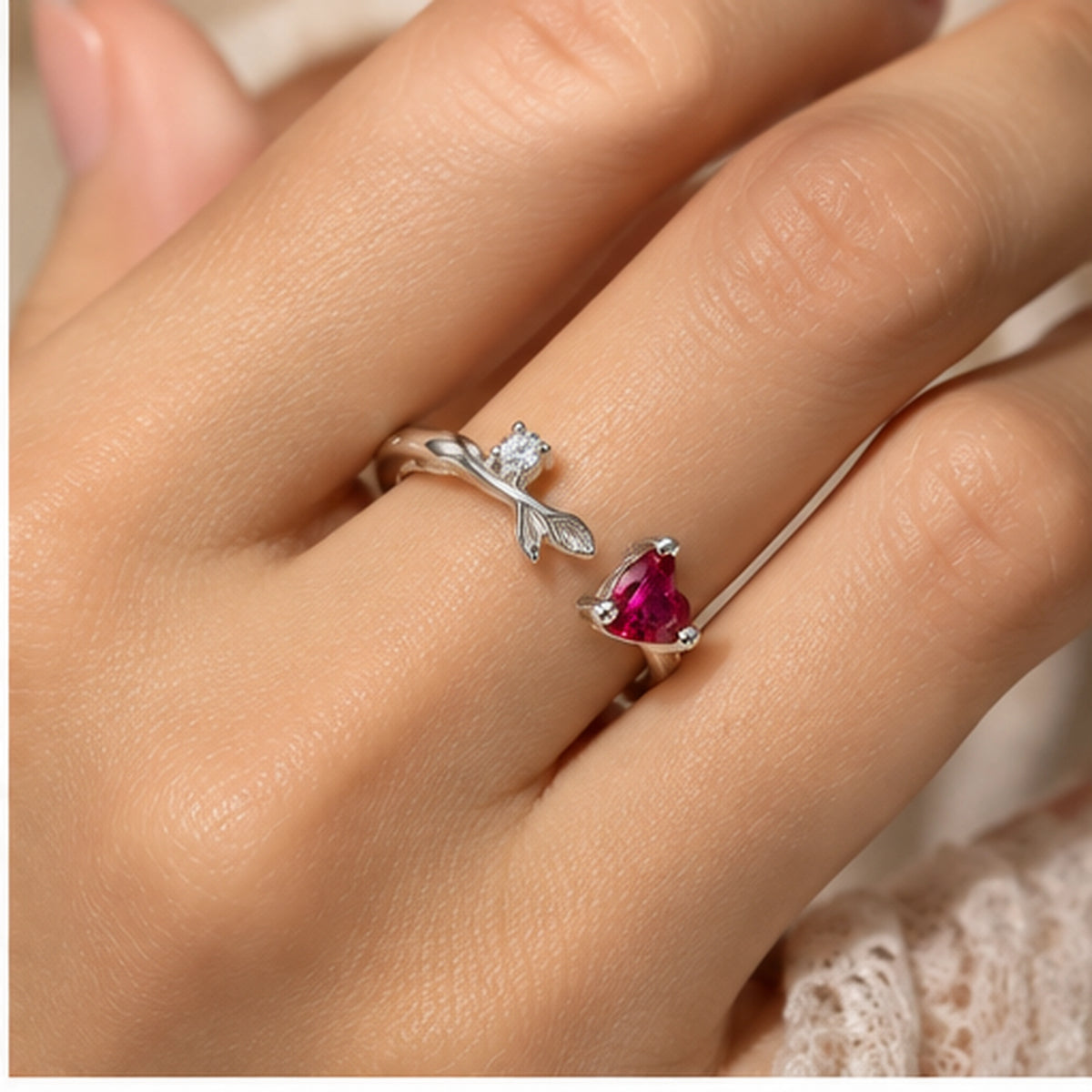 925 Sterling Silver Red Heart & Crystal Branch Ring