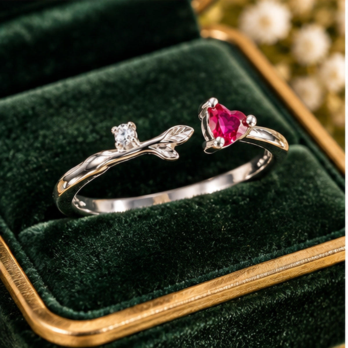 925 Sterling Silver Red Heart & Crystal Branch Ring