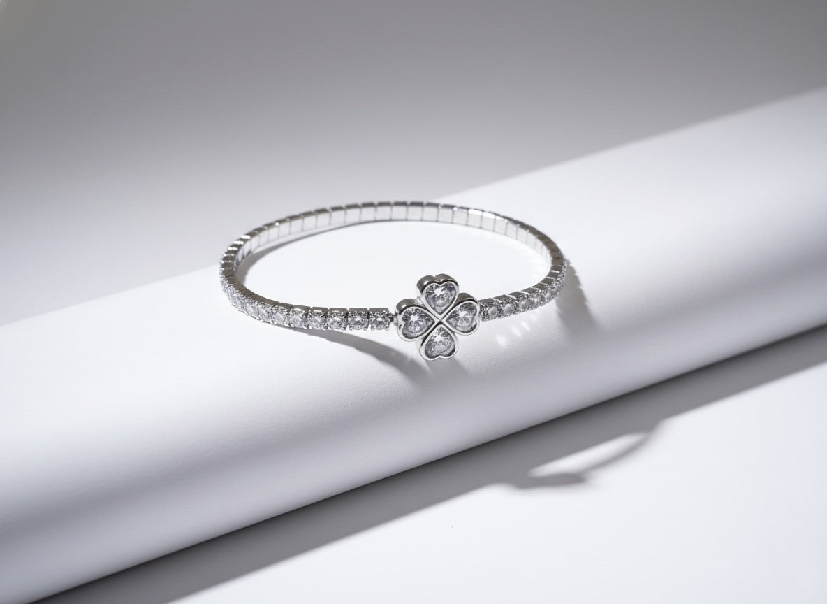 Luxe Clover Heart 925 Sterling Silver Stretch Bracelet