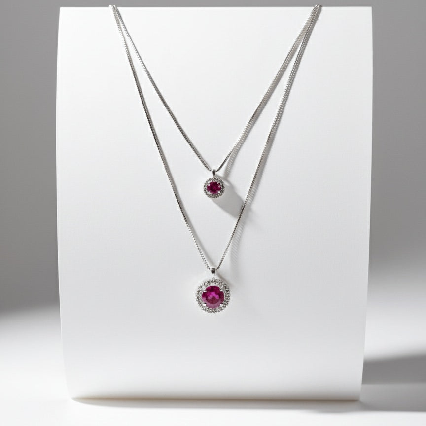 Double Layer Red Halo Necklace - 925 Sterling Silver