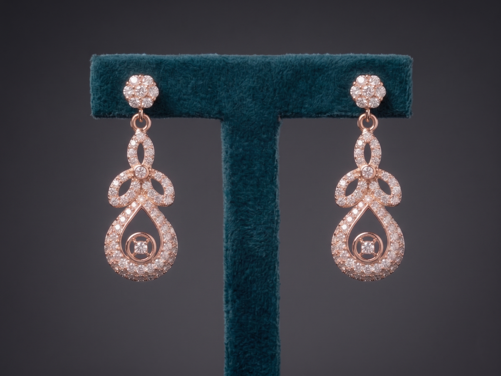 Rose Gold Floral Drop Earrings – 925 Sterling Silver Diamond Look Party Wear Earrings for Women