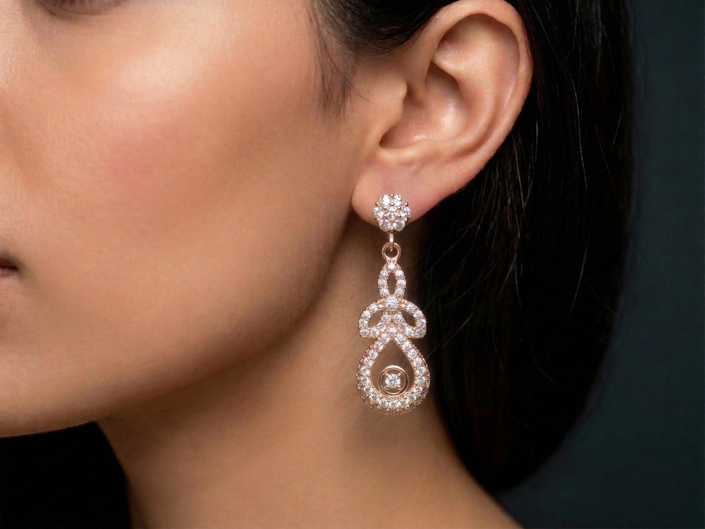 Rose Gold Floral Drop Earrings – 925 Sterling Silver Diamond Look Party Wear Earrings for Women