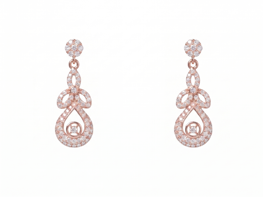 Rose Gold Floral Drop Earrings – 925 Sterling Silver Diamond Look Party Wear Earrings for Women