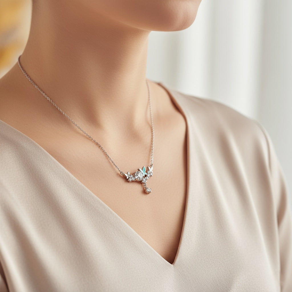 925 Sterling Silver Butterfly & CZ Cluster Necklace