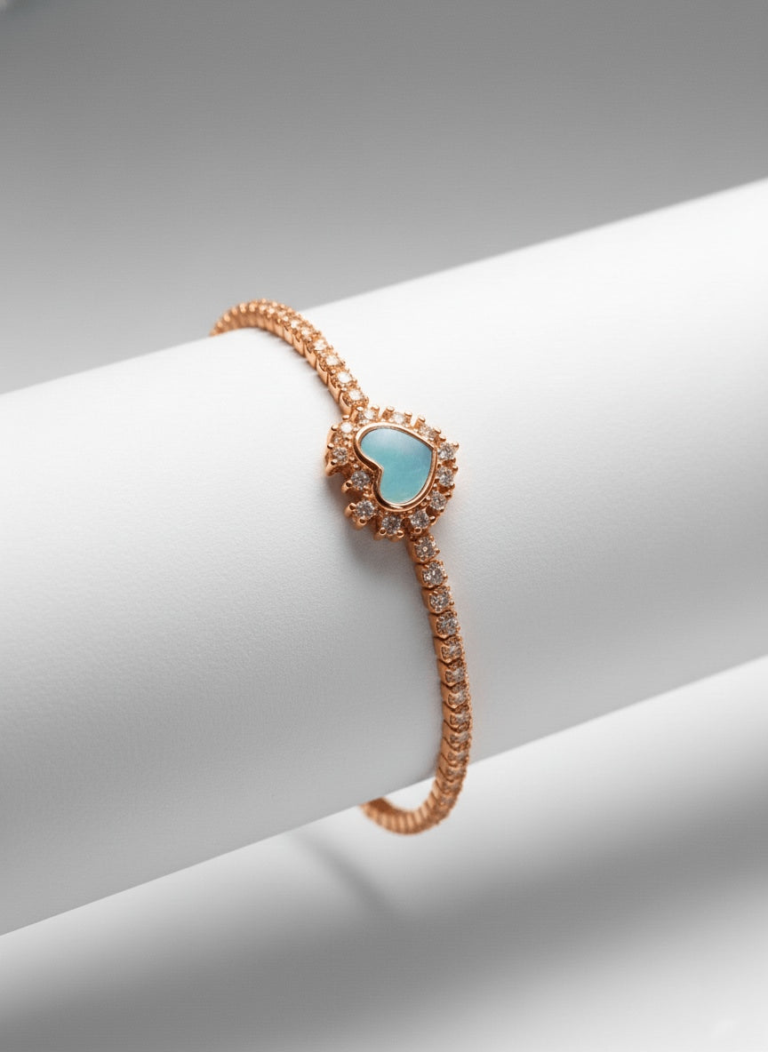 Rose Gold Aurelia Aqua Heart 925 Silver Tennis Bracelet