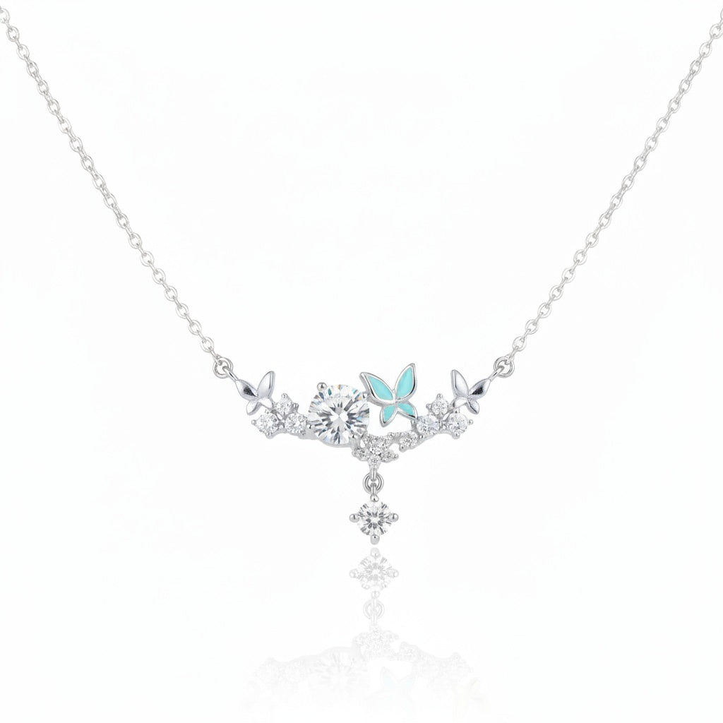 925 Sterling Silver Butterfly & CZ Cluster Necklace
