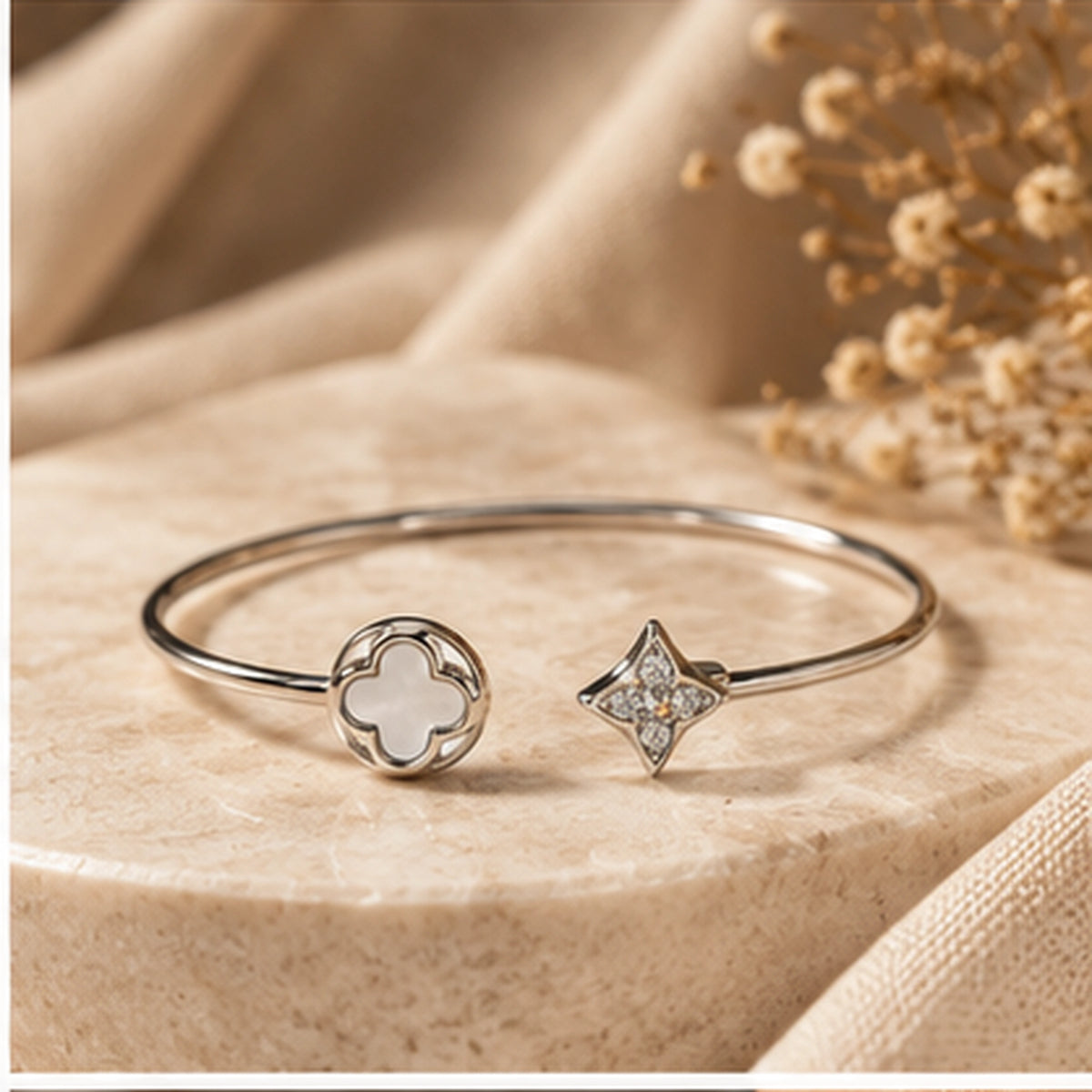 Clover & Sparkle Kada for Women | Adjustable Sterling Silver Kada