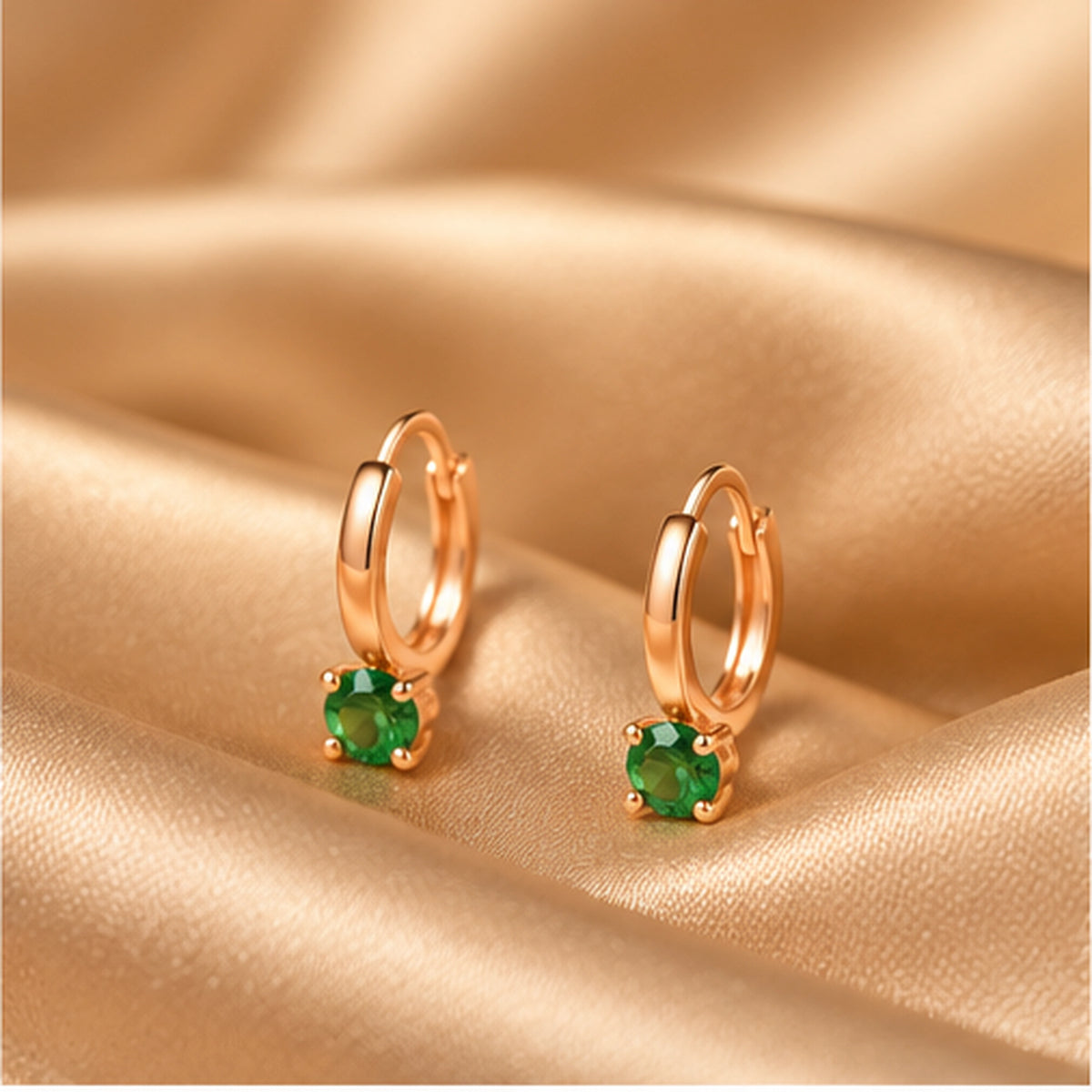 Rose Gold Green Stone Hoop Earrings 925 Sterling Silver