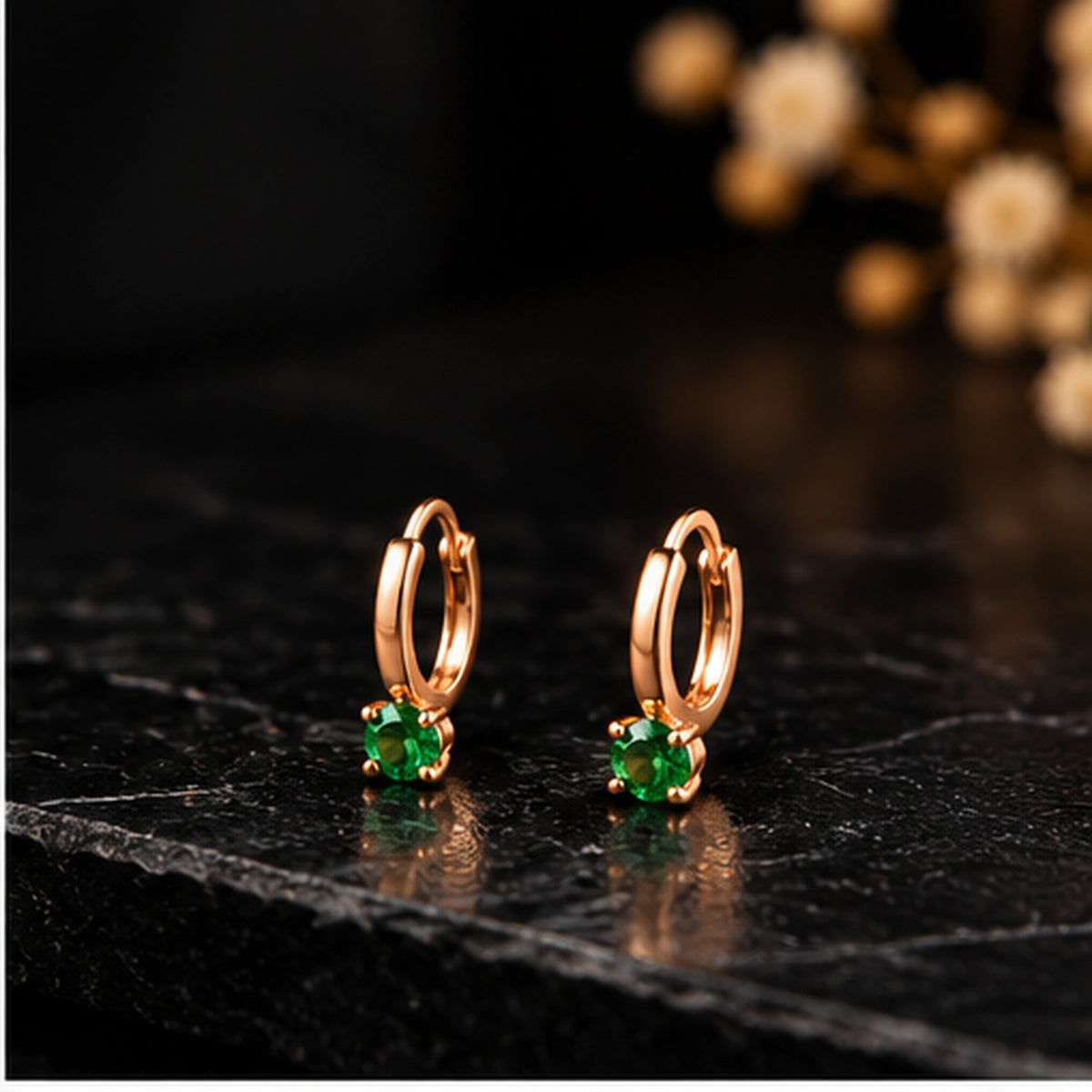 Rose Gold Green Stone Hoop Earrings 925 Sterling Silver