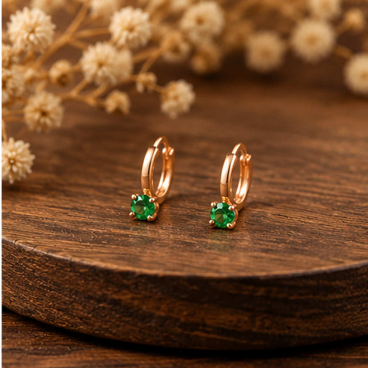 Rose Gold Green Stone Hoop Earrings 925 Sterling Silver