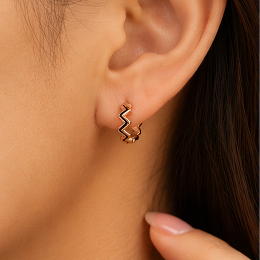 Rose Gold Zigzag Huggie Hoop Earrings 925 Sterling Silver