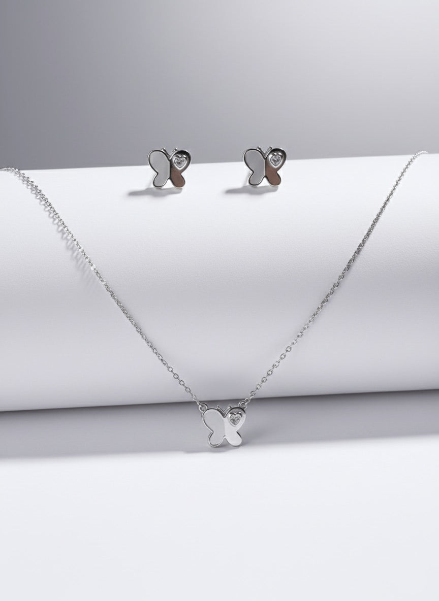 925 Sterling Silver Butterfly Heart Charm Jewelry Set | Necklace & Earring