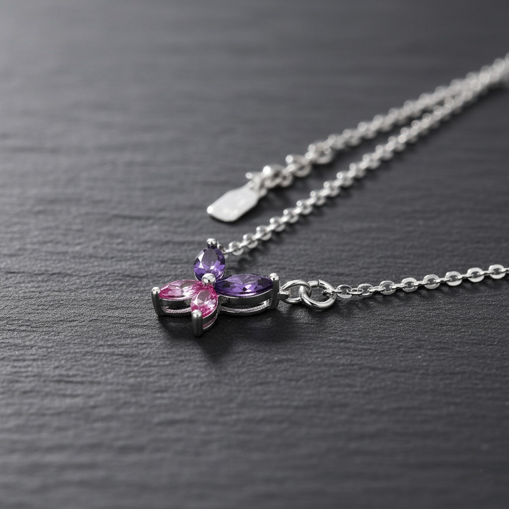 925 Sterling silver Two-Tone stone Butterfly Solitaire necklace
