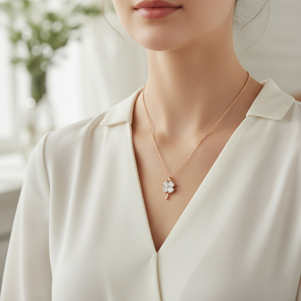 925  Rose Gold Cubic Zirconia Clover Necklace