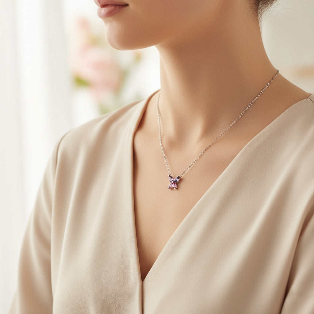 925 Sterling silver Two-Tone stone Butterfly Solitaire necklace