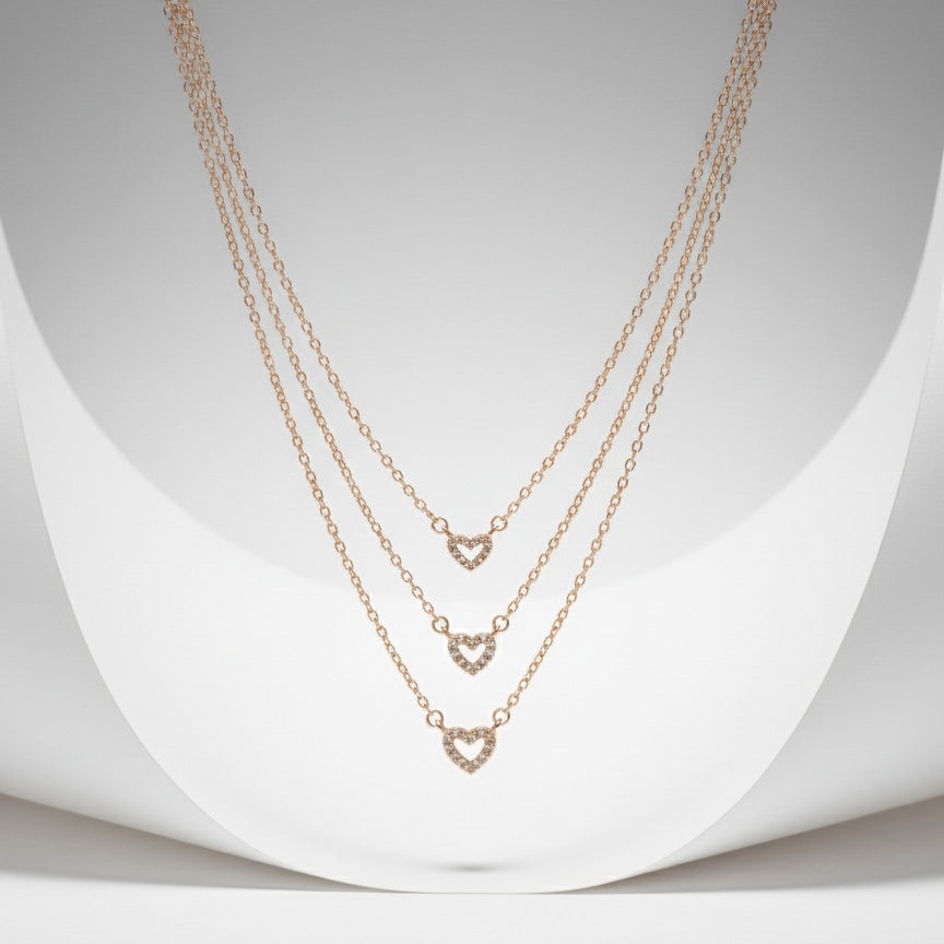 Triple Layer Rose Gold Open Heart Necklace - 925 Sterling Silver
