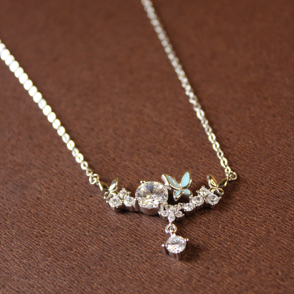 925 Sterling Silver Butterfly & CZ Cluster Necklace