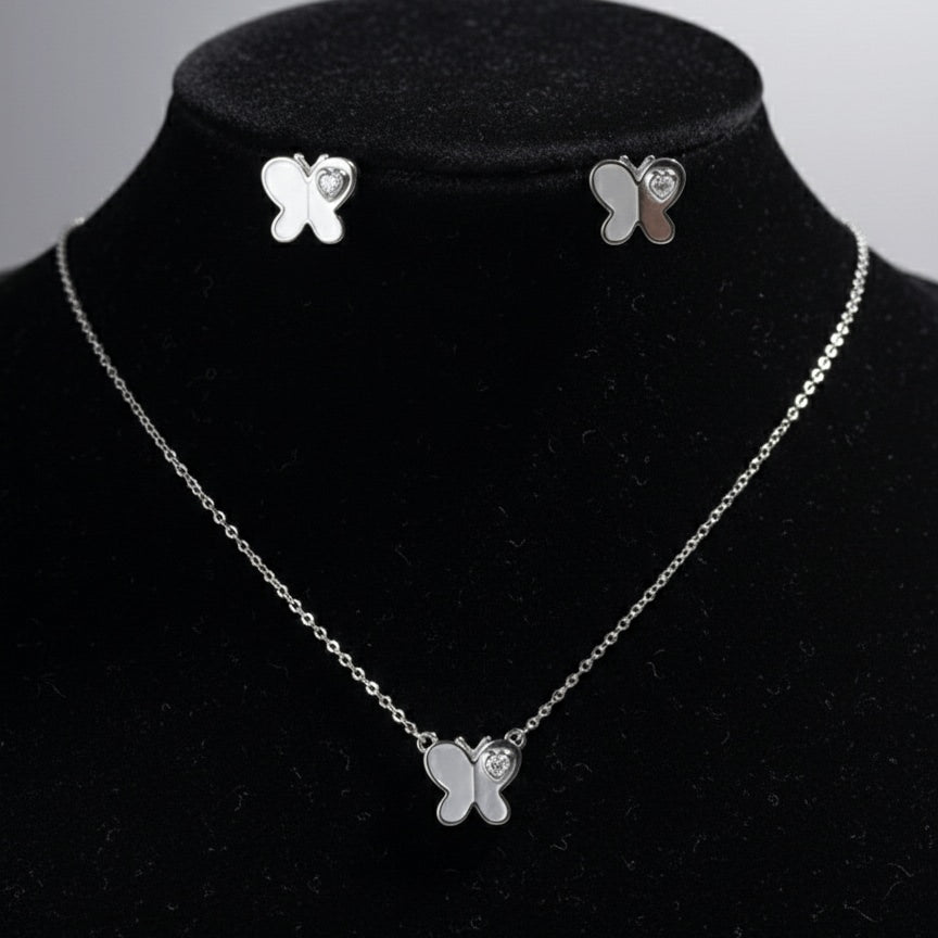 925 Sterling Silver Butterfly Heart Charm Jewelry Set | Necklace & Earring