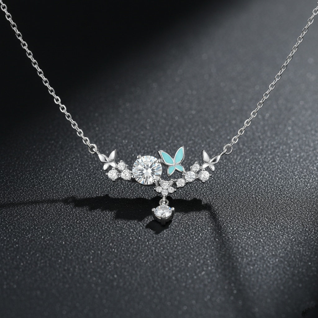 925 Sterling Silver Butterfly & CZ Cluster Necklace