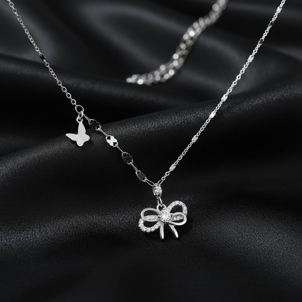 925 sterling silver bow tie and butterfly necklace
